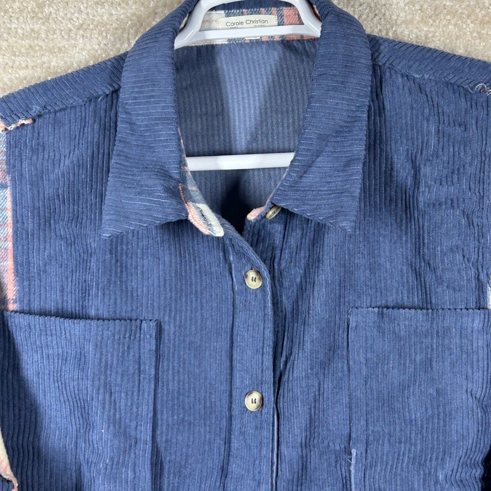 Carole Christian Womens Gorpcore Plaid Patchwork Corduroy Shacket Blue 2XL